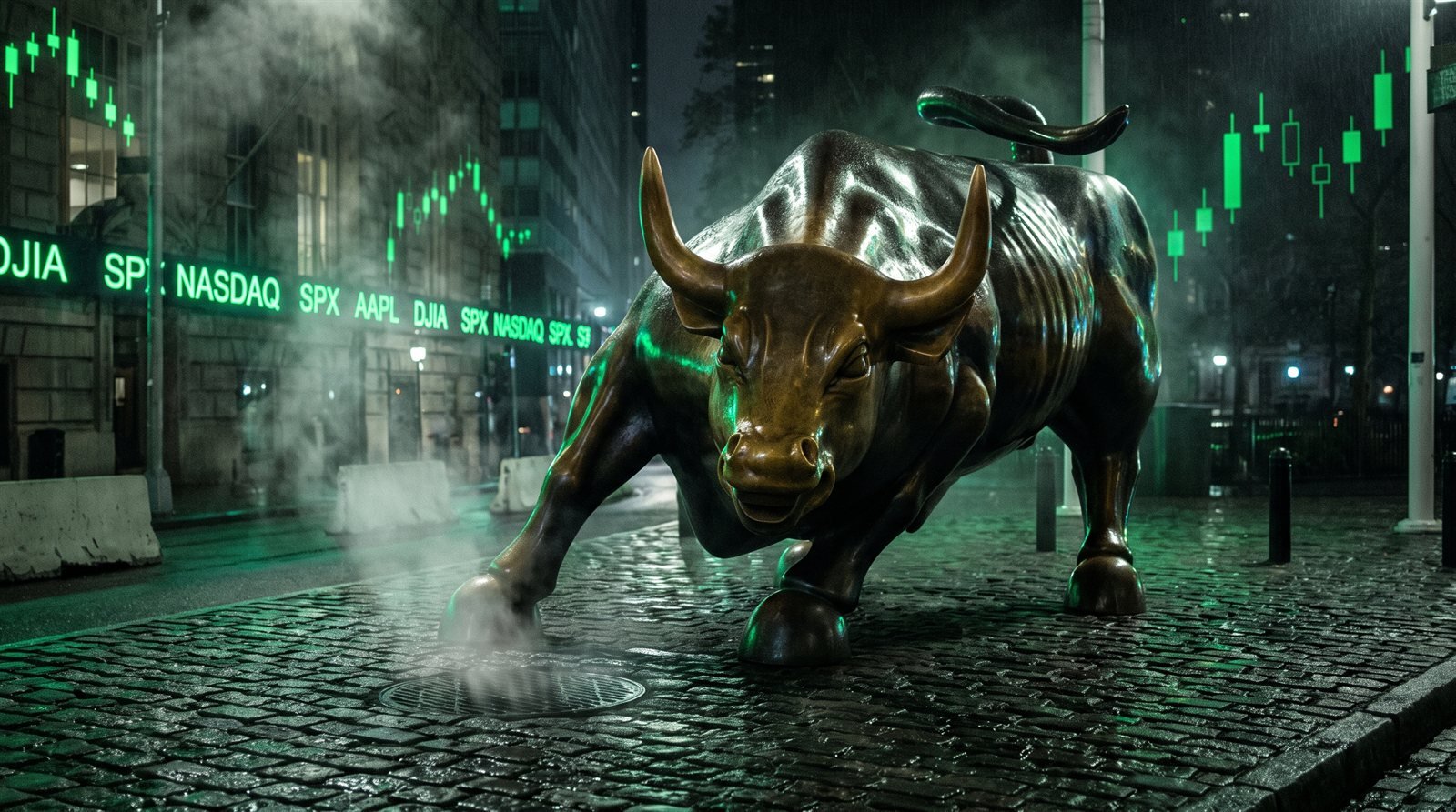 The Charging Bull at night, lit by green tickers
